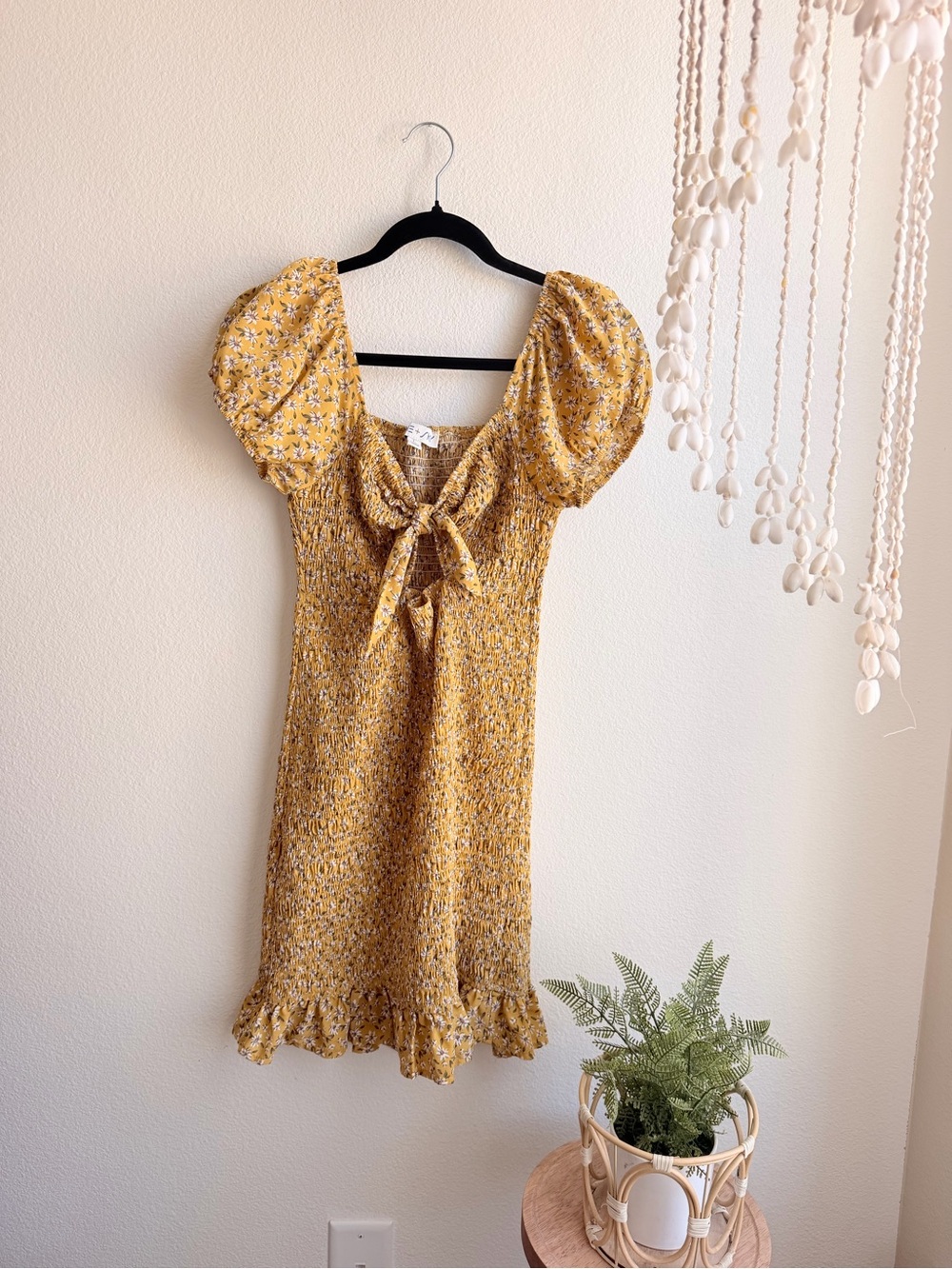 She + Sky Mustard Floral Puff-Sleeve Tie-Front Mini Dress